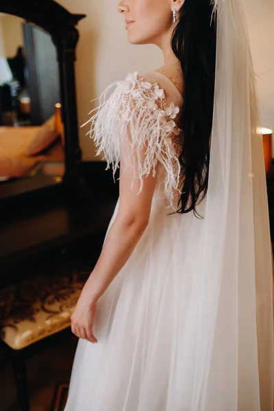 Portrait Bride Wedding Dress Interior House Mirror — Stock Photo, Image