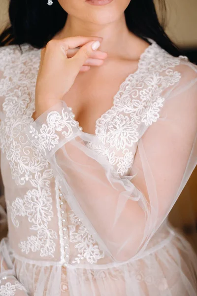 Mariée Vêtue Une Robe Sous Vêtements Transparents Boudoir Tient Maison — Photo
