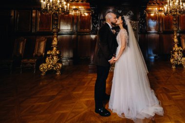 Nesvizh şehrindeki eski şatonun içinde zarif bir düğün çifti..