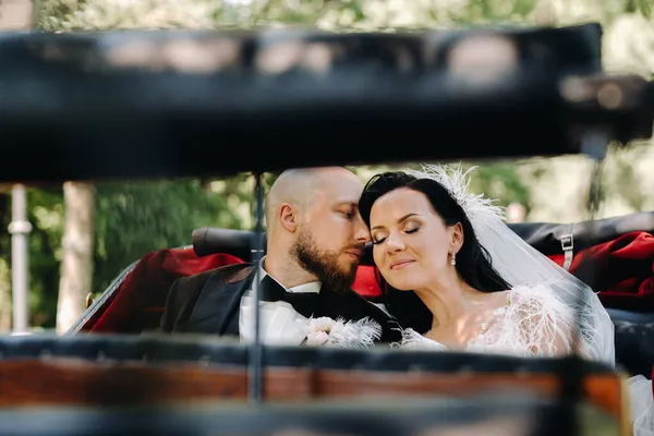 Gelin ve damat bir buketle doğada eski tarzda bir arabada oturuyorlar..