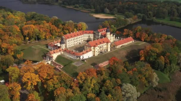 Vista superior del castillo y parque de otoño de Nesvizh. Belarús — Vídeo de stock