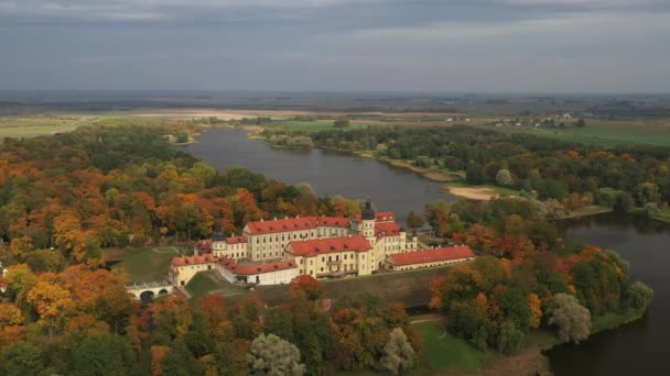 Vista superior del castillo y parque de otoño de Nesvizh. Belarús — Vídeos de Stock