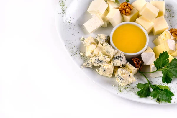 Cheese Plate Honey White Isolated Background — Stock Photo, Image