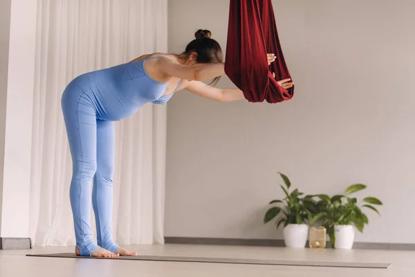 Schwangere Eine Frau Macht Yoga Auf Einer Hängematte Fitnessstudio Das Stockbild