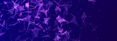 Bağlı nokta ve çizgilerle soyut üç boyutlu illüstrasyon. Koyu arkaplanda çokgen bir element var. Bilim ve teknoloji. 3D görüntüleme. geniş ekran