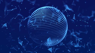 Soyut 3D küre. Koyu arkaplan üzerinde noktalar olan bir küre ağı. Bilim ve teknoloji.