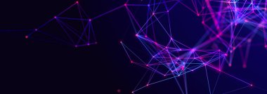 Birbirine bağlı çizgi ve noktaların yapısı. Karanlık bir arkaplanda çokgen elementler var. Bilim ve teknoloji. 3d oluşturma