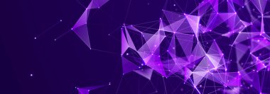 Bağlı nokta ve çizgilerle soyut üç boyutlu illüstrasyon. Koyu arkaplanda çokgen bir element var. Bilim ve teknoloji. 3D görüntüleme. geniş ekran