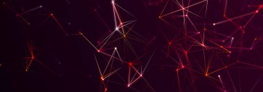 Bağlı nokta ve çizgilerle soyut üç boyutlu illüstrasyon. Koyu arkaplanda çokgen bir element var. Bilim ve teknoloji. 3D görüntüleme. geniş ekran