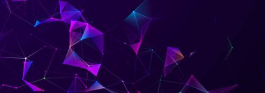 Bağlı nokta ve çizgilerle soyut üç boyutlu illüstrasyon. Koyu arkaplanda çokgen bir element var. Bilim ve teknoloji. 3D görüntüleme. geniş ekran