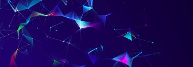 Bağlı nokta ve çizgilerle soyut üç boyutlu illüstrasyon. Koyu arkaplanda çokgen bir element var. Bilim ve teknoloji. 3D görüntüleme. geniş ekran