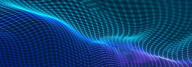 Karanlık bir arka planda güzel kıvrımlı dalga. Dijital teknoloji geçmişi. Ağ kavramı. 3B görüntüleme