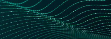 Bilim kurgu geçmişi. Birçok parçacığın olduğu dijital dalga. Büyük veri görselleştirmesi. Festival sunumu için şablon. 3d oluşturma