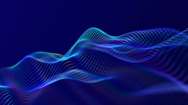 Bir sürü noktalı fütüristik dalga. Renkli noktaların soyut hareket arkaplanı. Teknoloji ya da bilim. 3d oluşturma