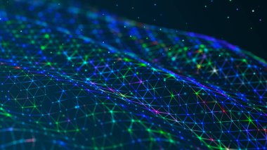 Teknoloji geçmişi. Bal peteği konsepti. Büyük veri. Birbirine bağlı noktalar ve çizgiler olan altıgen uzay. 3d oluşturma