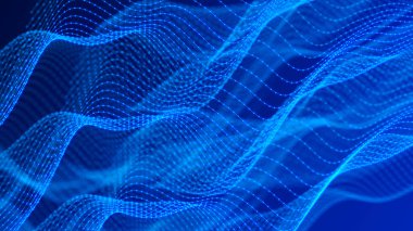 Bir sürü noktalı fütüristik dalga. Renkli noktaların soyut hareket arkaplanı. Teknoloji ya da bilim. 3d oluşturma