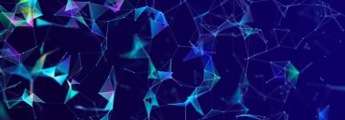 Birbirine bağlı çizgi ve noktaların yapısı. Karanlık bir arkaplanda çokgen elementler var. Bilim ve teknoloji. 3d oluşturma