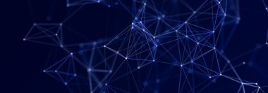 Birbirine bağlı çizgi ve noktaların yapısı. Karanlık bir arkaplanda çokgen elementler var. Bilim ve teknoloji. 3d oluşturma