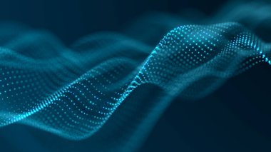 Bir sürü noktalı fütüristik dalga. Renkli noktaların soyut hareket arkaplanı. Teknoloji ya da bilim. 3d oluşturma