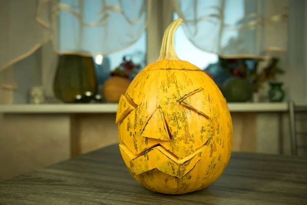 Halloween Symbol Halloween Drewnianym Stole Przed Oknem Płonące Świece Tle — Zdjęcie stockowe