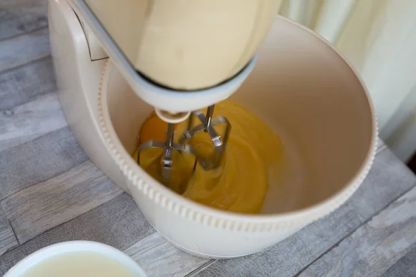 Process Making Sour Cream Chocolate Cake Dough Preparation Eggs Beaten — Stock Photo, Image