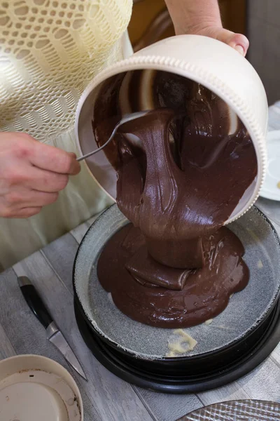 Proceso Paso Paso Para Hacer Pastel Chocolate Crema Agria Las — Foto de Stock