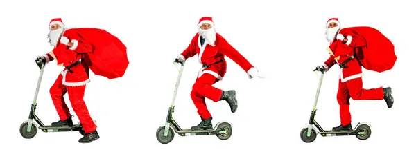 Gut Gelaunte Weihnachtsmänner Mit Weihnachtsmütze Und Roten Kostümen Fahren Auf — Stockfoto