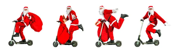 Vrolijke Kerstman Een Kerstmuts Rode Kostuum Kleding Rijdt Een Scooter — Stockfoto