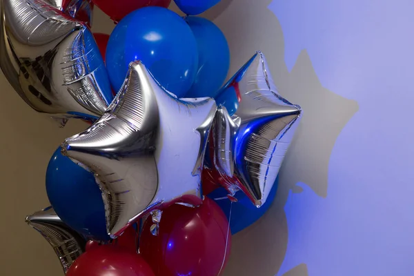 Blå Silver Och Röda Ballonger Dekorationer För Helgen Tomma För — Stockfoto