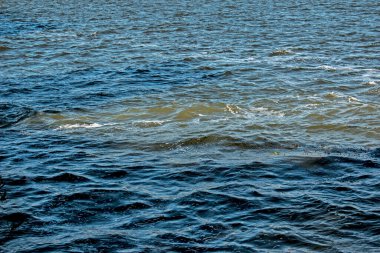 Lağım borularından akan kirli portakal suyu nehir suyuyla karışıyor. İki farklı su akıntısı arasındaki temiz sınır. Çevre kirliliği teması.