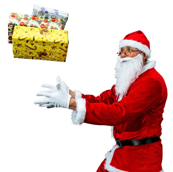 Kerstman Een Rode Pet Gooit Geschenken Met Zijn Handen — Stockfoto