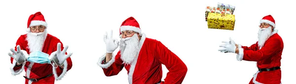 Santa Claus Red Cap Explains Pandemic You Need Wear Medical — Stock Photo, Image