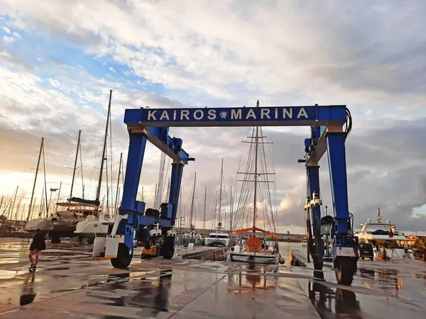 Bodrum Turcja 2021 Żuraw Naprawy Jachtów Doku Kairos Marina Przystań — Zdjęcie stockowe