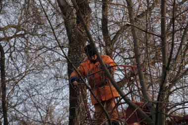 Dnepropetrovsk, Ukrayna - 11.24.2021: Kamyon vinçindeki belediye çalışanları şehrin sokaklarını Noel ışıklarıyla süslediler. Güneşli havada yüksek irtifa çalışması.