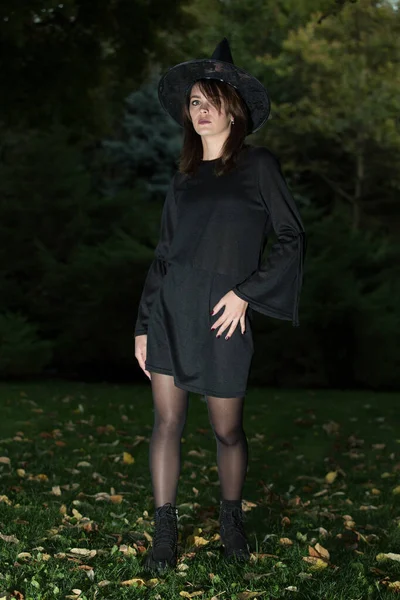 Siyah şapkalı ve büyümüş siyah elbiseli güzel bir kadın. Eski tarz modaya uygun bir kız. Büyük kenarlı siyah şapka. Cadılar Bayramı cadısı.