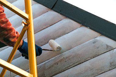 Duvarı minderle boyayan bir işçinin eli. Binanın dış duvarının boyanması, beyaz boyayla yenilenmesi. Beyaz arka planda boya silindiri tutan bir erkek.