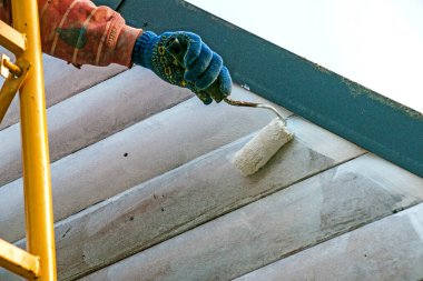 Duvarı minderle boyayan bir işçinin eli. Binanın dış duvarının boyanması, beyaz boyayla yenilenmesi. Beyaz arka planda boya silindiri tutan bir erkek.