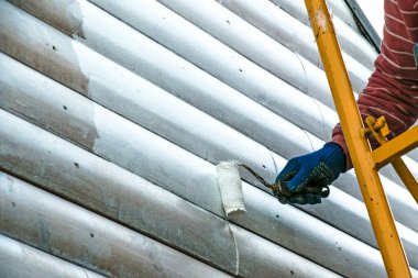 Duvarı minderle boyayan bir işçinin eli. Binanın dış duvarının boyanması, beyaz boyayla yenilenmesi. Beyaz arka planda boya silindiri tutan bir erkek.