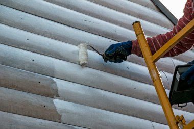 Duvarı minderle boyayan bir işçinin eli. Binanın dış duvarının boyanması, beyaz boyayla yenilenmesi. Beyaz arka planda boya silindiri tutan bir erkek.