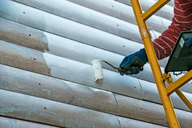 Duvarı minderle boyayan bir işçinin eli. Binanın dış duvarının boyanması, beyaz boyayla yenilenmesi. Beyaz arka planda boya silindiri tutan bir erkek.