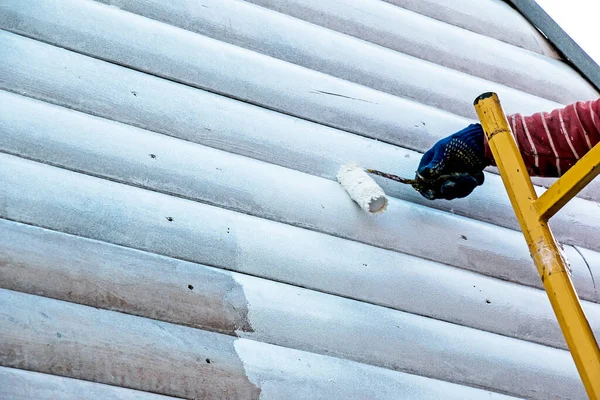Duvarı minderle boyayan bir işçinin eli. Binanın dış duvarının boyanması, beyaz boyayla yenilenmesi. Beyaz arka planda boya silindiri tutan bir erkek.