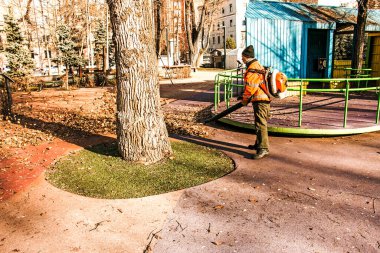 Dnepropetrovsk, Ukrayna - 11.25.2021: Yel değirmeniyle kuru yaprakları temizlemek. Bir belediye çalışanı şehir parkını temizler. Şehir parkları kışa hazırlanıyor.