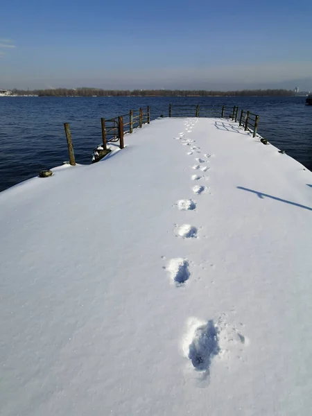 Menselijke Voetafdrukken Witte Schone Sneeuw Geslagen Pad Langs Besneeuwde Pier — Stockfoto