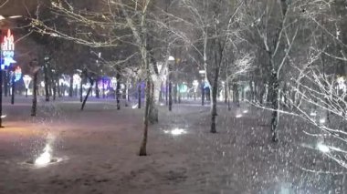 Noel 'den önce şehir parkında yoğun kar yağışı var. Gece lambasının altında kar. Kaldırıma inşa edilen karla kaplı ışıklardan buhar çıkıyor..
