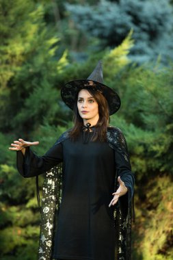 Yeşil ormanın arka planında pelerinli siyah elbiseli çekici genç bir kadının portresi. Kız geniş kenarlı siyah uçlu bir şapka giyiyor. Koyu saçlı, kahverengi gözlü bir kız..