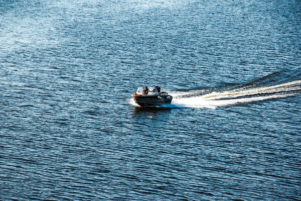 Dnepropetrovsk, Ukraine - 10.31.2021: Motor boat on the river, autumn.