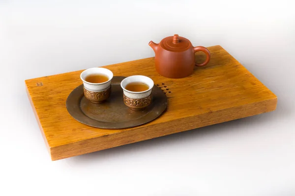 Ceramic Teapot Three Traditional Cups Oriental Tea Drinking Wooden Table — Stockfoto
