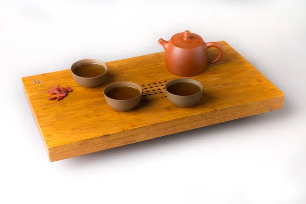 Ceramic Teapot Three Traditional Cups Oriental Tea Drinking Wooden Table — стоковое фото