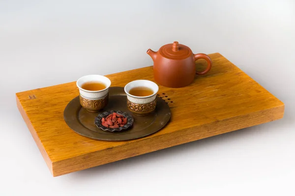 Ceramic Teapot Three Traditional Cups Oriental Tea Drinking Wooden Table — стоковое фото