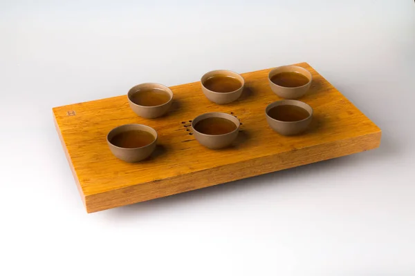 Set Six Traditional Cups Oriental Tea Drinking Wooden Table Tea — Stockfoto